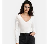 T-shirt in cotone, scollo a V, maniche lunghe Bianco XL Tinta unita