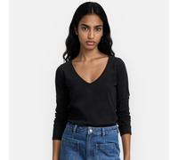 T-shirt in cotone, scollo a V, maniche lunghe Nero M Tinta unita