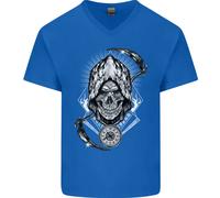 T-Shirt In Cotone V-Neck Con Teschio Del Grim Reaper Per Uomini Rock Music Biker