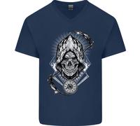 T-Shirt In Cotone V-Neck Con Teschio Del Grim Reaper Per Uomini Rock Music Biker