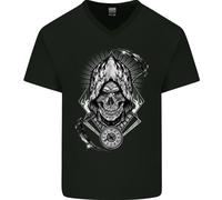 T-Shirt In Cotone V-Neck Con Teschio Del Grim Reaper Per Uomini Rock Music Biker