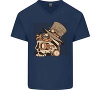 T-Shirt In Cotone V-Neck Con Teschio E Baffi Steampunk Per Uomo