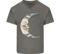 T-Shirt In Cotone V-Neck Con Teschio Lunare Steampunk Da Uomo
