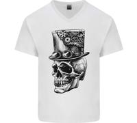 T-Shirt In Cotone V-Neck Con Teschio Steampunk E Cappello A Cilindro Da Uomo