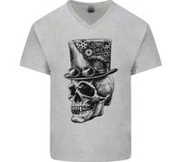 T-Shirt In Cotone V-Neck Con Teschio Steampunk E Cappello A Cilindro Da Uomo