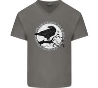T-Shirt In Cotone V-Neck Viking Crow Celtico Norreno Valhalla Odin Thor Da Uomo