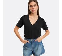 T-shirt in lino con scollo a V e maniche corte Nero S Tinta unita