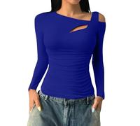 T-shirt in poliestere elastico, t-shirt fantasia da donna, maglietta a costine, maglietta elasticizzata, a maniche lunghe, a maniche lunghe, taglie forti, abbigliamento casual loungewear, blu, XL