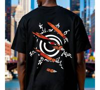 T-shirt in stile anime con frecce e simboli, 100% cotone, vestibilità ampia. Comoda per l'estate e perfetta per lo streetwear maschile, ideale per gli appassionati di anime. Un'ottima idea regalo, per