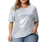 T-shirt larga, con scollo rotondo e tinta unita, manica corta chiara da donna, argento, 4XL