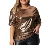 T-shirt larga, con scollo rotondo e tinta unita, manica corta chiara da donna, caffè, 5XL