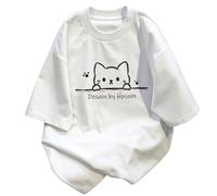 T-shirt larga con stampa gatto curioso zampe e lettere - Bianco - 3XL