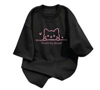 T-shirt larga con stampa gatto curioso zampe e lettere - Nero - XXL