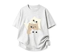 T-shirt larga maniche corte, stampa tre gattini impilati - Grigio - S