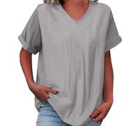 T Shirt Lino Cotone Donna Casual Solid Color Camicette Sciolto Di Grandi Dimensioni T-shirt Scollo a V Manica Corta Moda Camicetta Ete Spiaggia, Cenere chiaro, M
