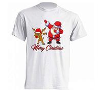 T-Shirt Maglia Bianca o Nera da Uomo con Stampa Babbo Natale e Renna Rudolph dab dance Merry Christmas, Stampata Direttamente su Tessuto - Santa Claus and Reindeer Xmas (BIANCO, XXL)