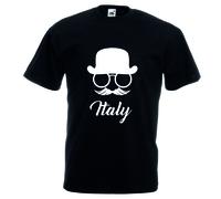 T-shirt maglia cotone donna uomo nera scritta italia cappello baffi occhiali