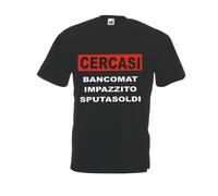 t-shirt maglia uomo donna nera con scritta cercasi bancomat impazzito sputasoldi