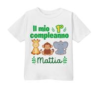 T-Shirt Maglietta Bimbo Bimba Primo Compleanno Adesso Ho 1 Anno! Personalizzata con Nome! Animaletti della Giungla Safari! (Taglia 1-2 Anni Come da Tabella)