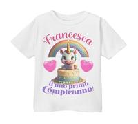 T-Shirt Maglietta Bimbo Bimba Primo Compleanno Adesso Ho 1 Anno! Personalizzata con Nome! Unicorno e Arcobaleno! (Taglia 1-2 Anni Come da Tabella)