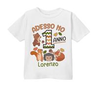 T-Shirt Maglietta Bimbo e Bimba Primo Compleanno, Adesso Ho 1 Anno, Personalizzata con Nome! Animali del Bosco! (Taglia 1 Anno)