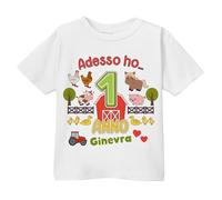 T-Shirt Maglietta Bimbo e Bimba Primo Compleanno, Adesso Ho 1 Anno, Personalizzata con Nome! Animali della Fattoria! (Taglia 1 Anno)