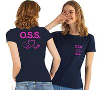 T- Shirt Maglietta Blu Operatore Socio Sanitario OSS Donna con Logo, Personalizzata con Il Tuo Nome Gratuito (Blu ECG 2 Fucsia, XXL)
