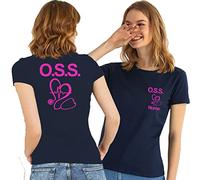 T- Shirt Maglietta Blu Operatore Socio Sanitario OSS Donna con Logo, Personalizzata con il tuo nome Gratuito (Blu ecg 1 fucsia, S)
