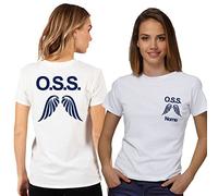 T- Shirt Maglietta Operatore Socio Sanitario OSS Donna con Logo, Personalizzata con Il Tuo Nome Gratuito (Bianca Ali in Giu Blu, M)