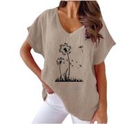 T-Shirt Magliette Lino Donna Estiva, Magliette in Classico e Lino Donna Vintage Blusa T-Shirt a Maniche Corte Confortevole Scollo V Casual Tops Stampa Camicetta Sciolto Maglietta Estate e Traspirante