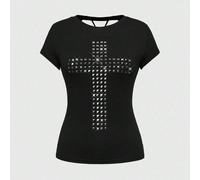 T-shirt monocromatica aderente, versatile, con design punk Y2K a croce e rivetti, con taglio laser sulla schiena L,M,S,XSBlocchi di colore,quadriTessuto