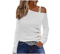 T-shirt monospalla da donna a maniche lunghe pullover camicia alla moda casual slim fit bottoni laterali maglietta increspata comoda maglietta da strato base y2k top per uscire streetwear, bianco, S