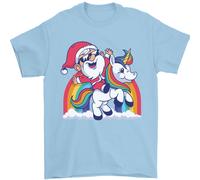 T-Shirt Natalizia Con Babbo Natale Su Un Unicorno 100% Cotone