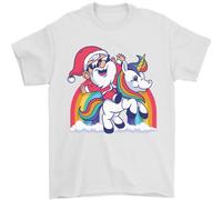 T-Shirt Natalizia Con Babbo Natale Su Un Unicorno 100% Cotone