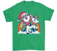T-Shirt Natalizia Con Babbo Natale Su Un Unicorno 100% Cotone