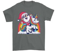 T-Shirt Natalizia Con Babbo Natale Su Un Unicorno 100% Cotone