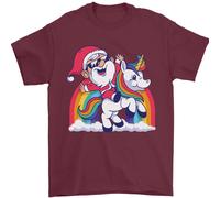 T-Shirt Natalizia Con Babbo Natale Su Un Unicorno 100% Cotone