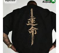 T-shirt nera a maniche corte con motivo di spada giapponese, realizzata in 100% cotone, design samurai con calligrafia Gentile cliente, la preghiamo di consultare la tabella delle taglie per assicurar