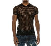 T-shirt nera con cappuccio a rete trasparente uomo sexy prospettiva top