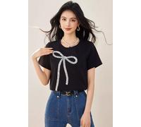 T-shirt Nera Donna Estiva Con Fiocco Di Paillettes Elegante Casual Chic CF45519