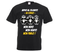 t-shirt nera scritta addio al celibato in corso scimmie non vedo sento parlo