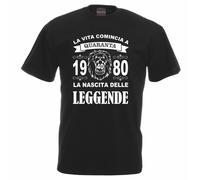t-shirt nera uomo donna scritta 1980 40 anni nascita leggende leone compleanno