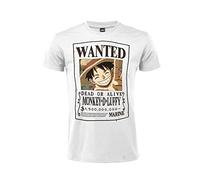 T-Shirt One Piece Cappello di Paglia. Modello Wanted Ricercato. Monkey D. Luffy. Cotone. Unisex. Bianca. Adulto Ragazzo. (M)