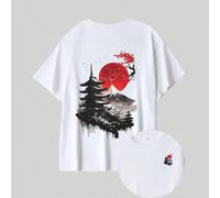 T-shirt oversize bianca da uomo con design di montagna giapponese e fiori di ciliegio, ideale per esplorazioni estive e passeggiate urbane, perfetta per amanti dell'arte e della natura L,M,S,XL,XS,XXL