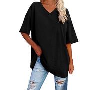 T-shirt oversize da donna con scollo a V T-shirt a righe estive mezza manica casual comoda comoda tunica in cotone taglie forti 2025, 1b-nero, 5XL