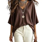 T-Shirt Oversize da Donna con Scollo V e Maniche a Pipistrello Lino Leggero | Camicetta con spalle scoperte e vestibilità ampia, top estivi fluidi casual bohémien for le donne