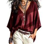 T-Shirt Oversize da Donna con Scollo V e Maniche a Pipistrello Lino Leggero | Camicetta con spalle scoperte e vestibilità ampia, top estivi fluidi casual bohémien for le donne