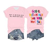 T-shirt oversize da donna estiva a maniche corte girocollo per uscire top God is Within Her She Will Not Fall Maglietta grafica con slogan vestibilità rilassata T-shirt ispiratrice, rosa, XL
