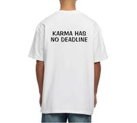 T-shirt oversize in cotone pesante con stampa Karma Has No Deadline Back, bianco, S