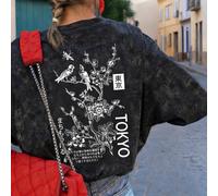 T-shirt oversize lavata, stile Tokyo con fiori di ciliegio e uccelli, in tessuto morbido e traspirante, stile casual giapponese, maniche corte, adatta per la moda Harajuku, passeggiate urbane, festiva